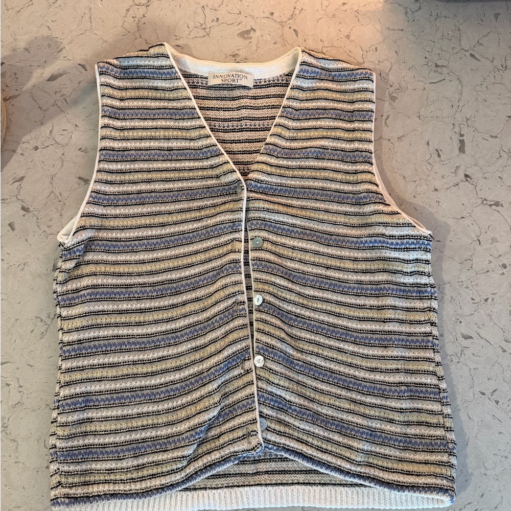 Innovation Sport Vintage Striped Knit Button Vest — Blue & Cream & Yellow